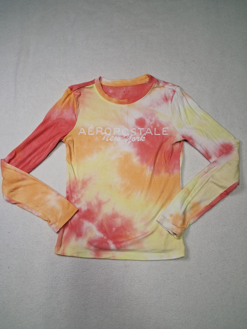 Aeropostale Women's Tie-Dye Long Sleeve Ribbed Top - Yellow/Orange/Pink